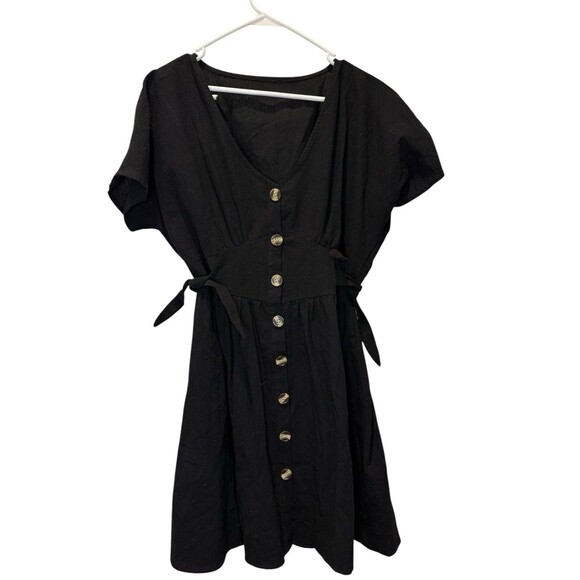 Unbranded Dresses & Skirts - Womens Black Button Front Dress V Neck Tie Waist Short Sleeve Mini Large Classic